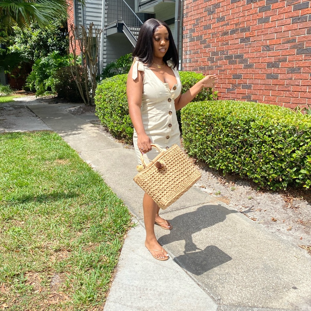 Cream Button-Down Dress with Bow Straps